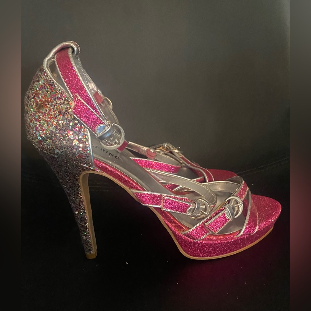 ♥️ Sparkling! ♥️ Pink and Silver 5” Strappy High Heels 👠 Size 10